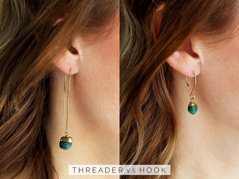 May include: Two close-up images of earrings with green gemstone accents. The left image shows a threader earring, while the right image shows a hook earring. The text "THREADER vs HOOK" is at the bottom of the image.