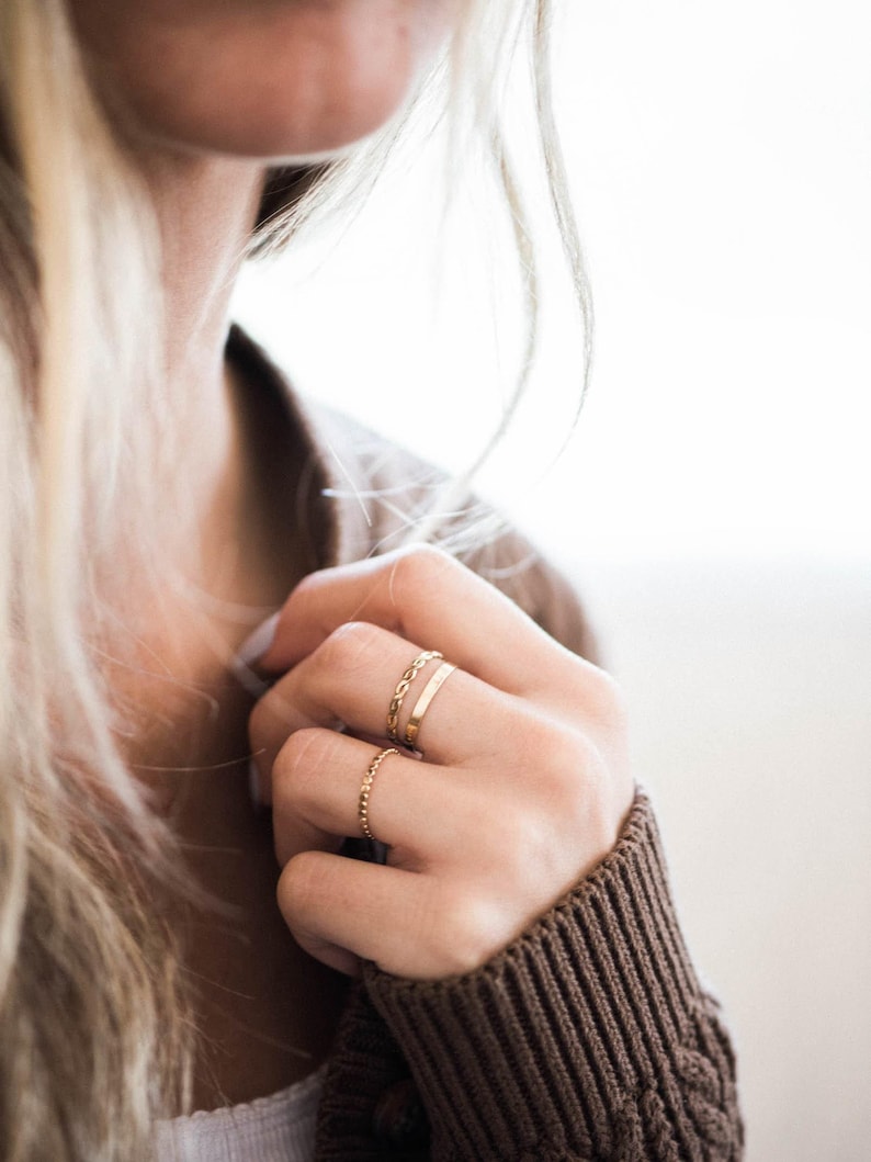 14k Gold Filled Rings - Certified Gold Stacking Rings, Dainty Ring, Birthstone Textured Bands, Promise Rings, Ring Stack, Gift for Her RNG imagem 2