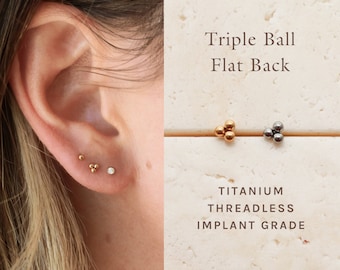 Triple Ball - Flat Back Titanium Stud, Threadless Push Pin, Flat Back, Hypoallergenic, Waterproof, Dainty Piercing, Minimal Trinity Ball ERG