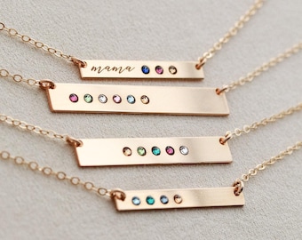 Personalized Birthstone Bar Necklace for Mom – Custom Family Jewelry Gift,Name Engraved Keepsake Custom Bar Jewelry, Kids Birthstones TBR1 *