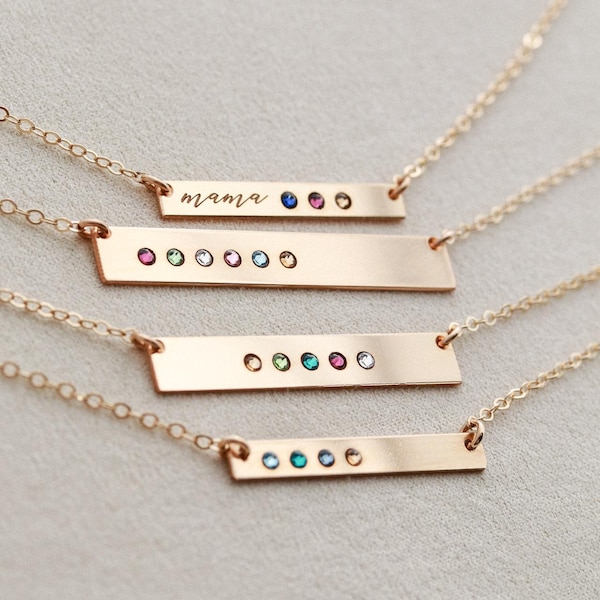 Personalized Birthstone Bar Necklace for Mom – Custom Family Jewelry Gift,Name Engraved Keepsake Custom Bar Jewelry, Kids Birthstones TBR1 *