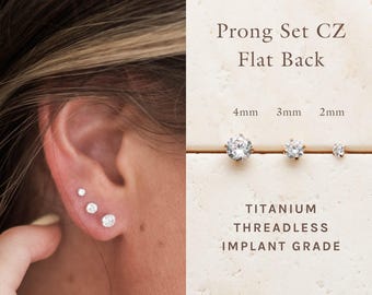 CZ Prong Flat Back Stud, Titanium Earrings, Threadless Push Pin, Medical Grade, Dainty CZ Stud, Flat Back, Hypoallergenic, Nap Earrings FEXI