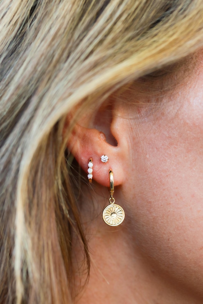 Sunburst Disc Huggies - Minimalist Earrings, Huggie Earrings, Bridesmaid Earrings, Trendy Earrings, 24/7, Hypoallergenic, Sun Earrings LUMA image 5