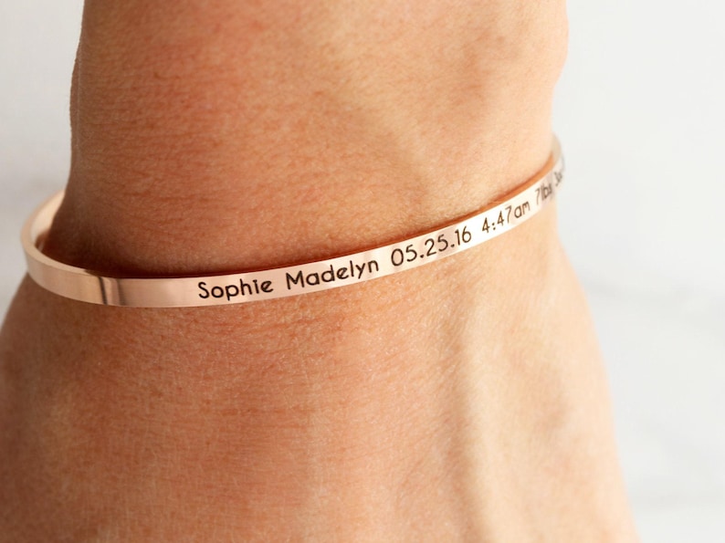 Birth Stats Bracelet • Baby Announcement • New Mom Gift • New Baby Gift • New Mother Gift • Stacking Layering • Baby Shower Gift, Skinny ECB image 4