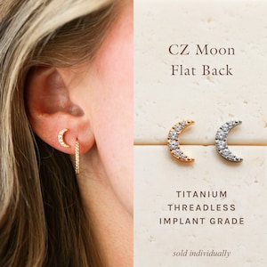 CZ Moon Flat Back Stud - Titanium Flat Backs, Flat Back Studs, Implant Grade, Medical Grade, Hypoallergenic, Nap Earrings, Crystal Moon FLB