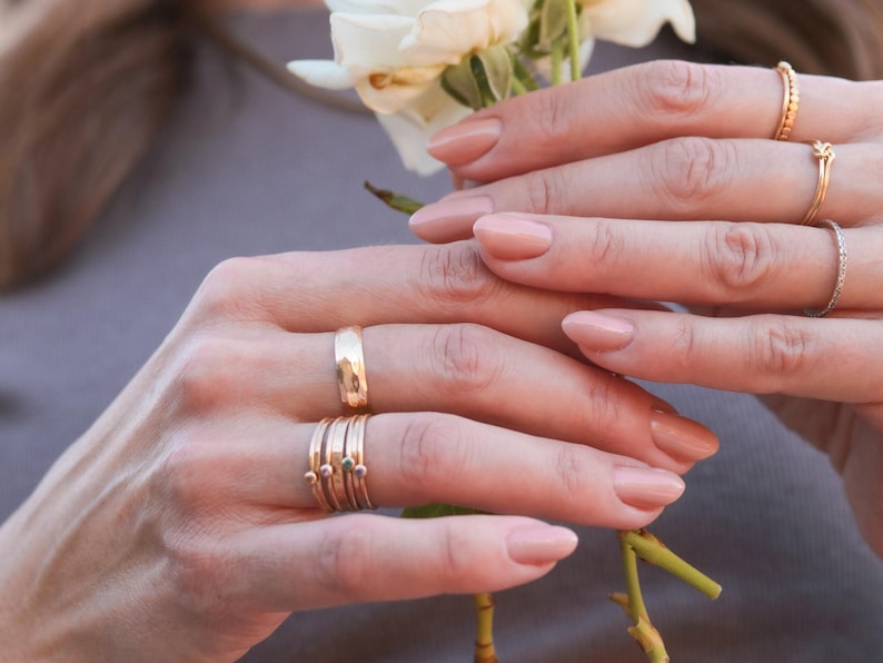 14k Gold Filled Rings - Certified Gold Stacking Rings, Dainty Ring, Birthstone Textured Bands, Promise Rings, Ring Stack, Gift for Her RNG imagem 8