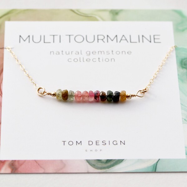Tourmaline Bar Necklace • Dainty Tourmaline • Gemstone Necklace • Gemstone Bar Necklace • Birthstone • October Birthday Multi Tourmaline GM1