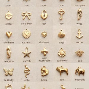 May include: A collection of gold-colored charms in various shapes, including a cross, sun, moon, star, compass, heart, key, wing, seahorse, butterfly, and more. The text "Charms page 1" is visible.