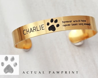 Actual Paw Print Cuff Bracelet - Engraved Paw Print Engraved Pet Memorial, Custom Cuff Bracelet, Personalized Pet Jewelry, Gift Medium ZUNO