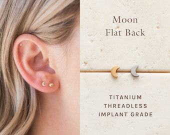 Moon - Flat Back Titanium Stud, Threadless Push Pin Labret, Flat Back Stud, Hypoallergenic, Waterproof, Piercing Earring, Dainty Stud ERG