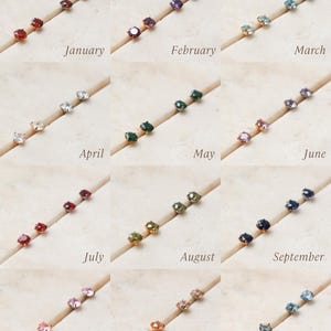 May include: A collection of stud earrings, each featuring a small, colorful gemstone. The earrings are arranged in rows, with each row labeled with a month of the year, from January to December. The gemstones vary in color, including red, purple, green, and blue.