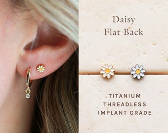 Daisy Flat Back Earring – Titanium Threadless Stud for Tragus Helix Lobe Piercings, Threadless Flat Backs, Waterproof and Hypoallergenic FLB