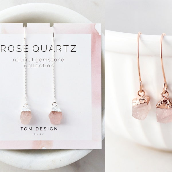 Rose Quartz Earrings • Threader Earrings • Rose Quartz Gemstone • Gemstone Earrings • October Birthday • Gift for Her • Rose Dangle • GEM