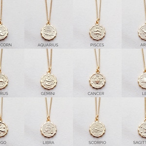 May include: Twelve gold necklaces with zodiac signs as pendants. The signs are: Capricorn, Aquarius, Pisces, Aries, Taurus, Gemini, Cancer, Leo, Virgo, Libra, Scorpio, and Sagittarius.