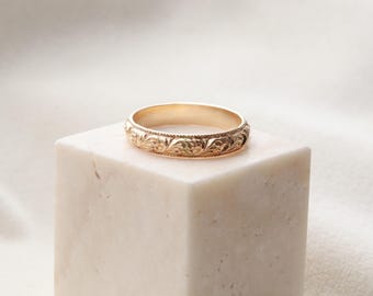 Floral Ring - 14k Gold Filled, Vintage Inspired Gold Ring, Dainty Floral Band, Ornate Gold Filled Ring, Stacking Ring, Carved Floral RNG