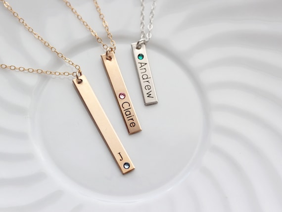 Vertical Bar Engravable Name and Birthstone Slide Pendant Vertical Bar Engravable Name and Birthstone Slide Pendant