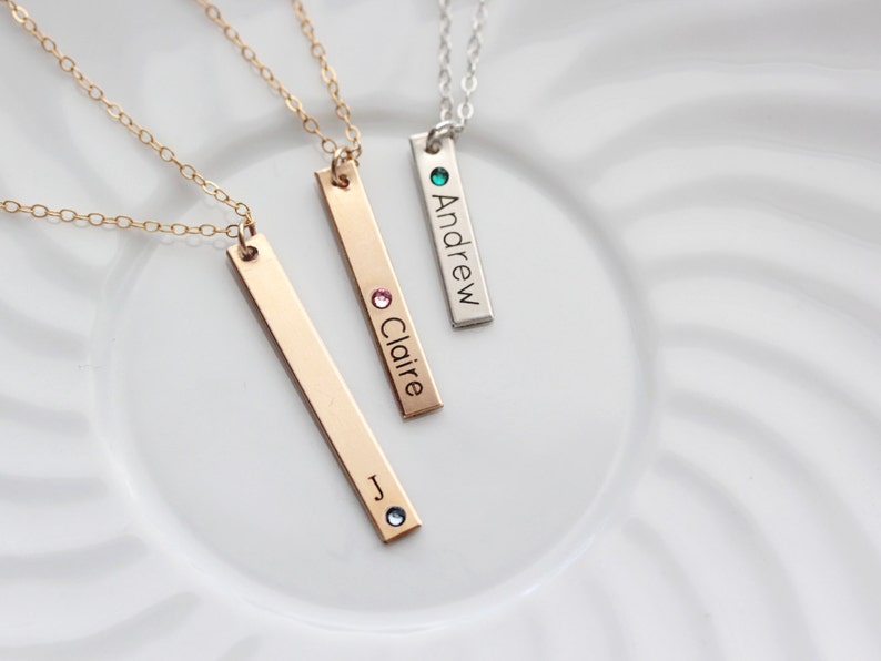 Engraved Birthstone Bar Necklace Thin Personalized Birthstone Vertical Nameplate, Engraved Birthstone Necklace, Mother's Day Birthday TBR1 image 1