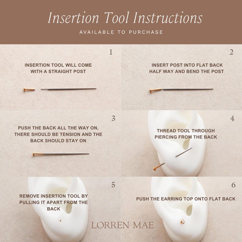 instructions for using an earring tool, with step-by-step visual demonstrations of inserting and removing the tool from the ear.