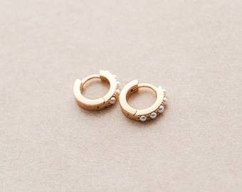 Pearl Huggie Earrings - Pearl Hoop, Trendy Earrings, Gold or Silver Hoop, Dainty Minimalist Earrings, Hypoallergenic, Every Day 12mm ERG