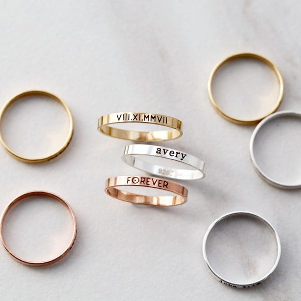 Personalized Engraved Ring Band - 14k Gold Filled Custom Name Ring, Dainty Stacking Band, Minimalist Gold Silver Ring, Gift for Her, RNG