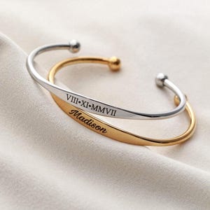 Personalized Name Bracelet - Engraved Tapered Cuff, Custom Jewelry Gift for Her, Bridesmaid, Birthday & Christmas Gift, Adjustable Cuff ECB