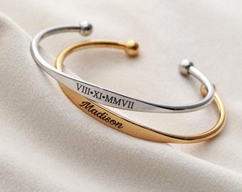 Personalized Name Bracelet - Engraved Tapered Cuff, Custom Jewelry Gift for Her, Bridesmaid, Birthday & Christmas Gift, Adjustable Cuff ECB