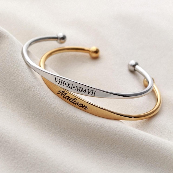 Personalized Name Bracelet - Engraved Tapered Cuff, Custom Jewelry Gift for Her, Bridesmaid, Birthday & Christmas Gift, Adjustable Cuff ECB