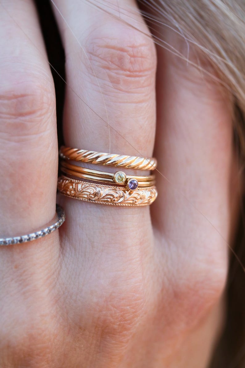 14k Gold Filled Rings - Certified Gold Stacking Rings, Dainty Ring, Birthstone Textured Bands, Promise Rings, Ring Stack, Gift for Her RNG imagem 5