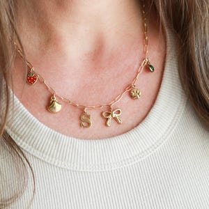 May include: Gold-toned charm necklace with a variety of pendants, including a strawberry, seashell, letter "S", bow, paw print, and a green gem. The necklace is worn on a person wearing a cream-colored shirt.