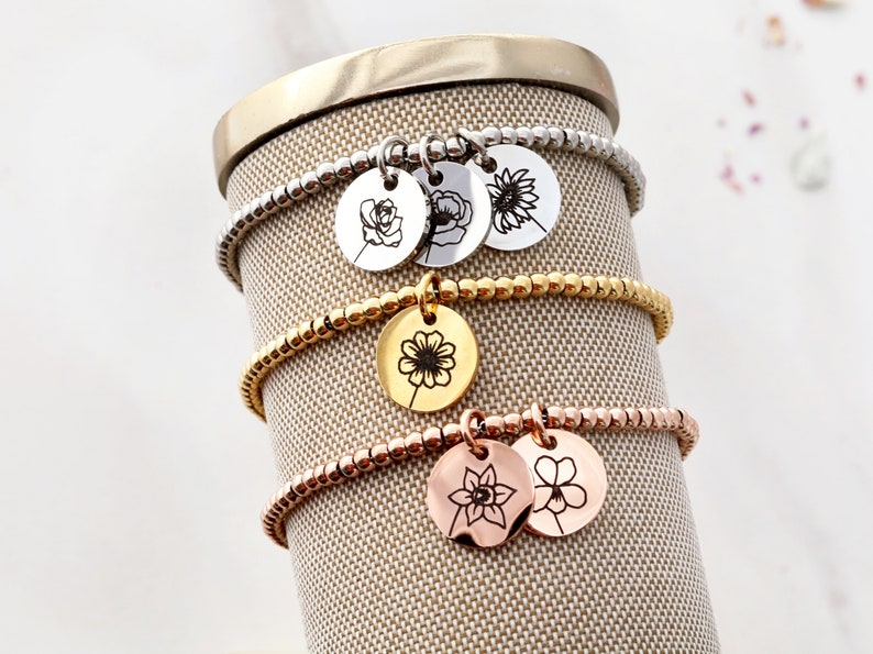 Flower Charm Bracelet / Personalized Birth Flower Bracelet / - Etsy