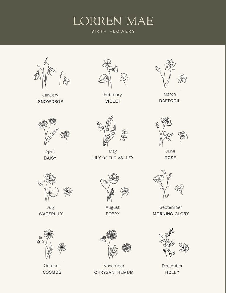 a collection of twelve different types of flowers, each with its own unique illustration, arranged in a grid format. The flowers include snowdrops, violets, daffodils, daisies, lilies, roses, daisies, lilies of the valley, roses, waterlilies, poppies, morning glory, and cosmos. The flowers are depicted in a simple, minimalist style, with each one showcasing its own distinct characteristics and beauty.
