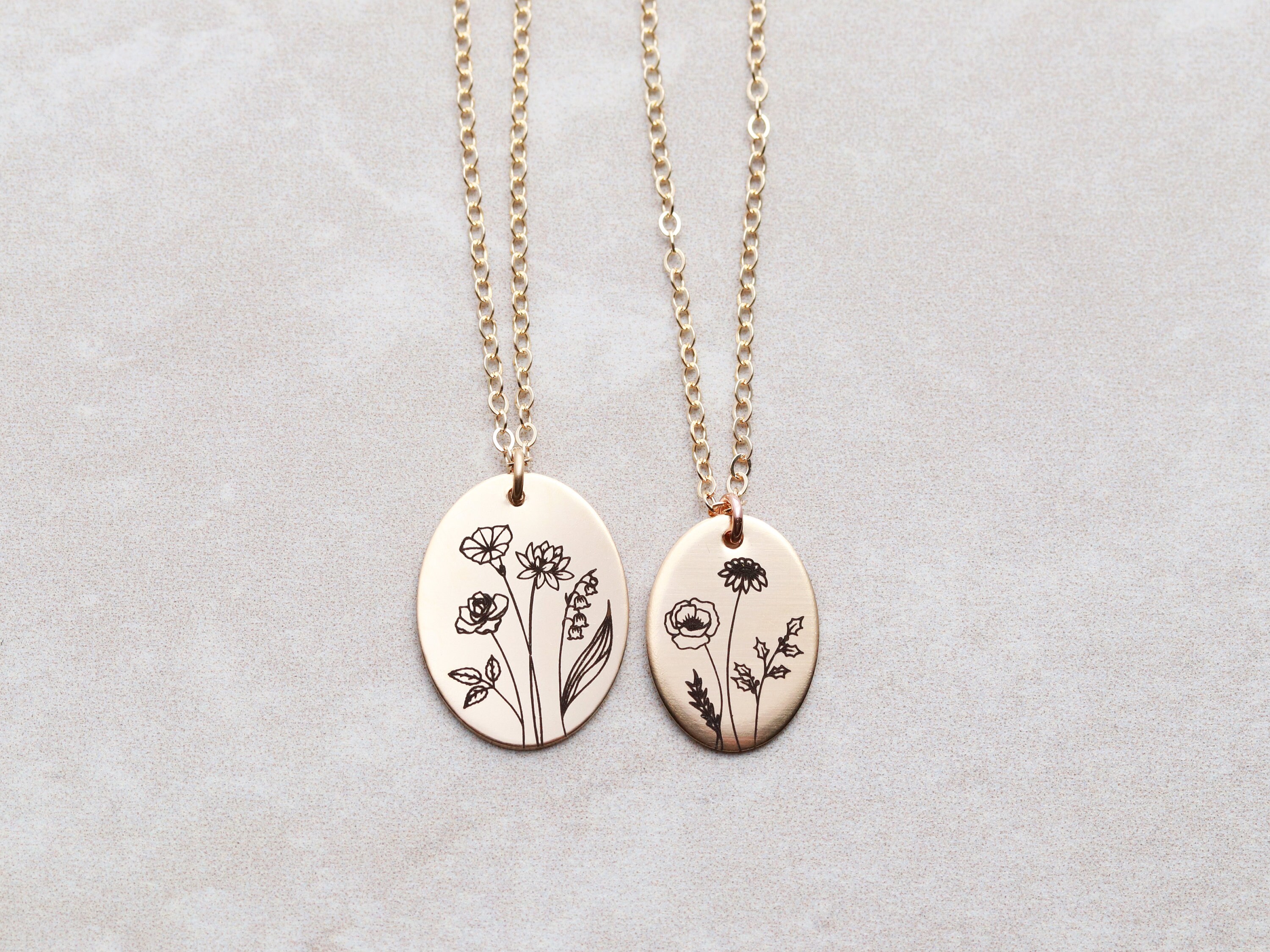 Multi Birth Flower Necklace • Flower Necklace • Floral Pendant Necklace • Mother&#39;s Day Gift • Gift for Mom • Flower Birth Month Oval BFL
