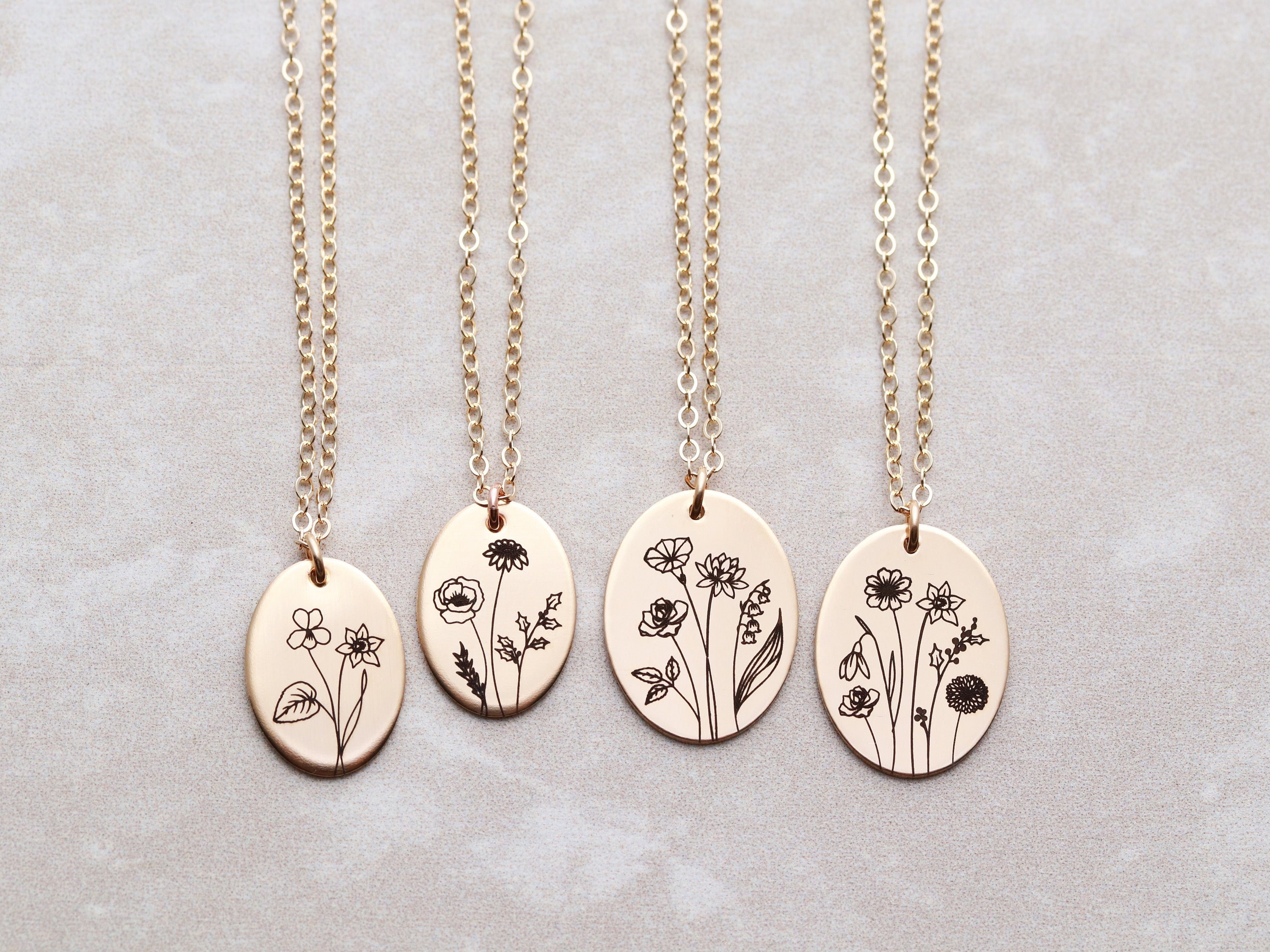 Multi Birth Flower Necklace • Flower Necklace • Floral Pendant Necklace • Mother&#39;s Day Gift • Gift for Mom • Flower Birth Month Oval BFL