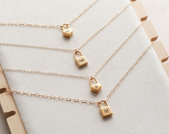 Initial Padlock Necklace - Monogram Lock Necklace, Personalized Necklace Gold Initial Paperclip Chain, Valentines Gift, Anniversary Gift MXE