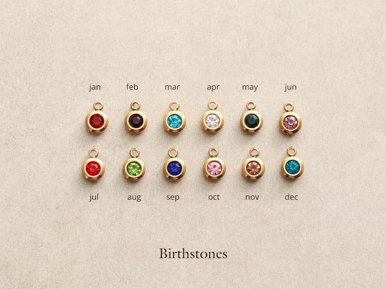 May include: Gold-colored pendants with colorful gemstones, each representing a birth month. The pendants are arranged in two rows, with the months labeled below. The word "Birthstones" is written at the bottom.