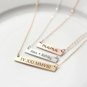 Gold Bar Necklace Personalized Engraved Bar Necklace, Engraved Name Necklace, Nameplate, Roman Numeral Date, Coordinates THICK MXE2 image 3