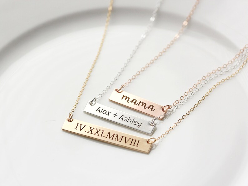 Gold Bar Necklace Personalized Engraved Bar Necklace, Engraved Name Necklace, Nameplate, Roman Numeral Date, Coordinates THICK MXE2 image 3