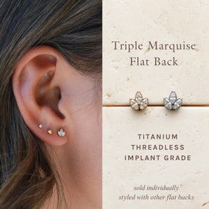 Triple Marquise Flat Back Stud - Titanium Earring, Threadless Push Pin, Dainty Flat Back, Hypoallergenic, Medical Grade, CZ Stud Stud FLB