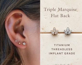 Triple Marquise Flat Back Stud - Titanium Earring, Threadless Push Pin, Dainty Flat Back, Hypoallergenic, Medical Grade, CZ Stud Stud FLB