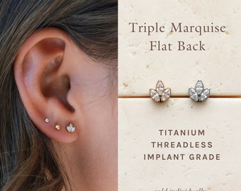 Triple Marquise - Flat Back Titanium Stud, Threadless Push Pin Labret Dainty Flat Back, Hypoallergenic, Waterproof Piercing Earring Stud ERG