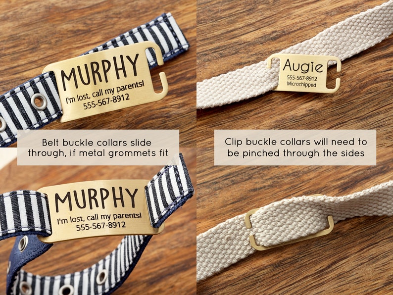 Puede incluir: Dos collares para perros con etiquetas de identificaci&oacute;n de metal dorado. El collar superior es un collar de tela a rayas blancas y negras con una hebilla de cintur&oacute;n. El collar inferior es un collar de tela blanca con una hebilla de clip. Las etiquetas de identificaci&oacute;n est&aacute;n grabadas con los nombres de los perros, los n&uacute;meros de tel&eacute;fono y "Microchipeado".