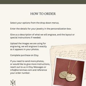 May include: An informational graphic for Lorren Mae custom handwriting engraving services. The text outlines ordering steps for personalized jewelry. A small inset photo shows a gold-toned necklace with two round pendants engraved with handwriting.