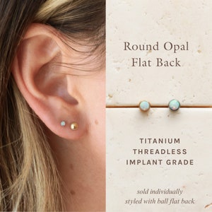 Round Opal Flat Back Stud - Titanium Earrings, Threadless Push Pin, Opal Stud Dainty Piercing, Hypoallergenic, Minimalist, Implant Grade FLB