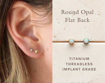 Round Opal - Flat Back Titanium, Threadless Push Pin Labret, Opal Stud, Dainty Piercing, Hypoallergenic, Waterproof Minimalist 18 Gauge ERG