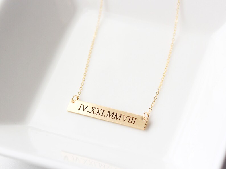 Gold Bar Necklace Personalized Engraved Bar Necklace, Engraved Name Necklace, Nameplate, Roman Numeral Date, Coordinates THICK MXE2 image 1
