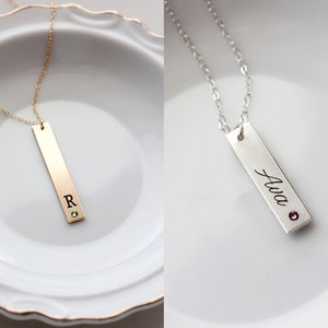 Birthstone Necklace Thick Engraved Vertical Birthstone Necklace, Gift for Her Birthstone Initial Necklace Custom Bridesmaid Gift TBR1 image 2