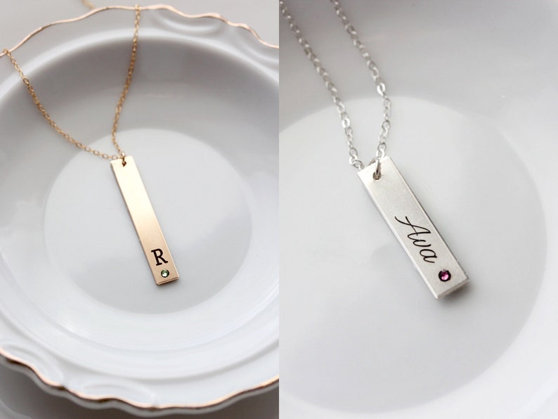 Birthstone Necklace Thick Engraved Vertical Birthstone Necklace, Gift for Her Birthstone Initial Necklace Custom Bridesmaid Gift TBR1 image 2