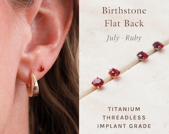 Ruby Birthstone Stud Earrings – F136 Titanium, Hypoallergenic, Push Pin Flat Back, Threadless Earring, Cubic Zirconia July Birthday Gift FLB