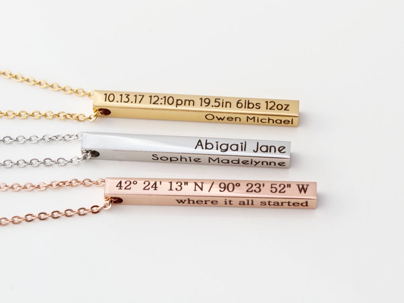 Personalized Bar Necklace 4 Sided Bar Name Necklace Location Necklace Mantra Necklace Date Necklace Personalized Necklace 4SE image 3