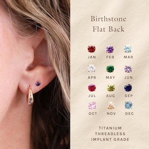 May include: A close-up of an ear with a gold hoop earring and a small blue stud earring. The image also displays a chart of birthstone stud earrings in various colors, with the months of the year labeled. Text reads: Birthstone, Flat Back, Titanium Threadless Implant Grade.